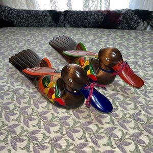Korean Wedding Ducks - Wood, Hand Painted Pair @Blue Beak Damaged@